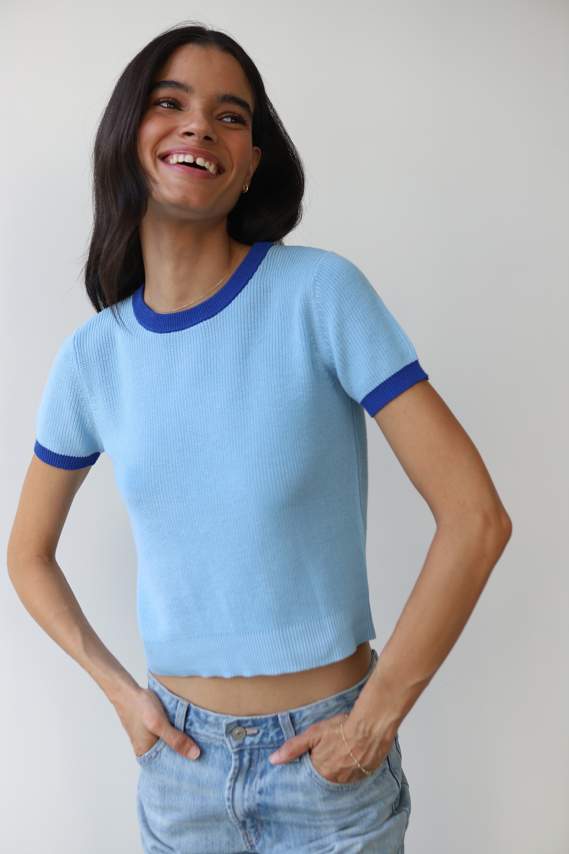 The Ringer Knit Tee - Capri Blue – Callahan Knitwear