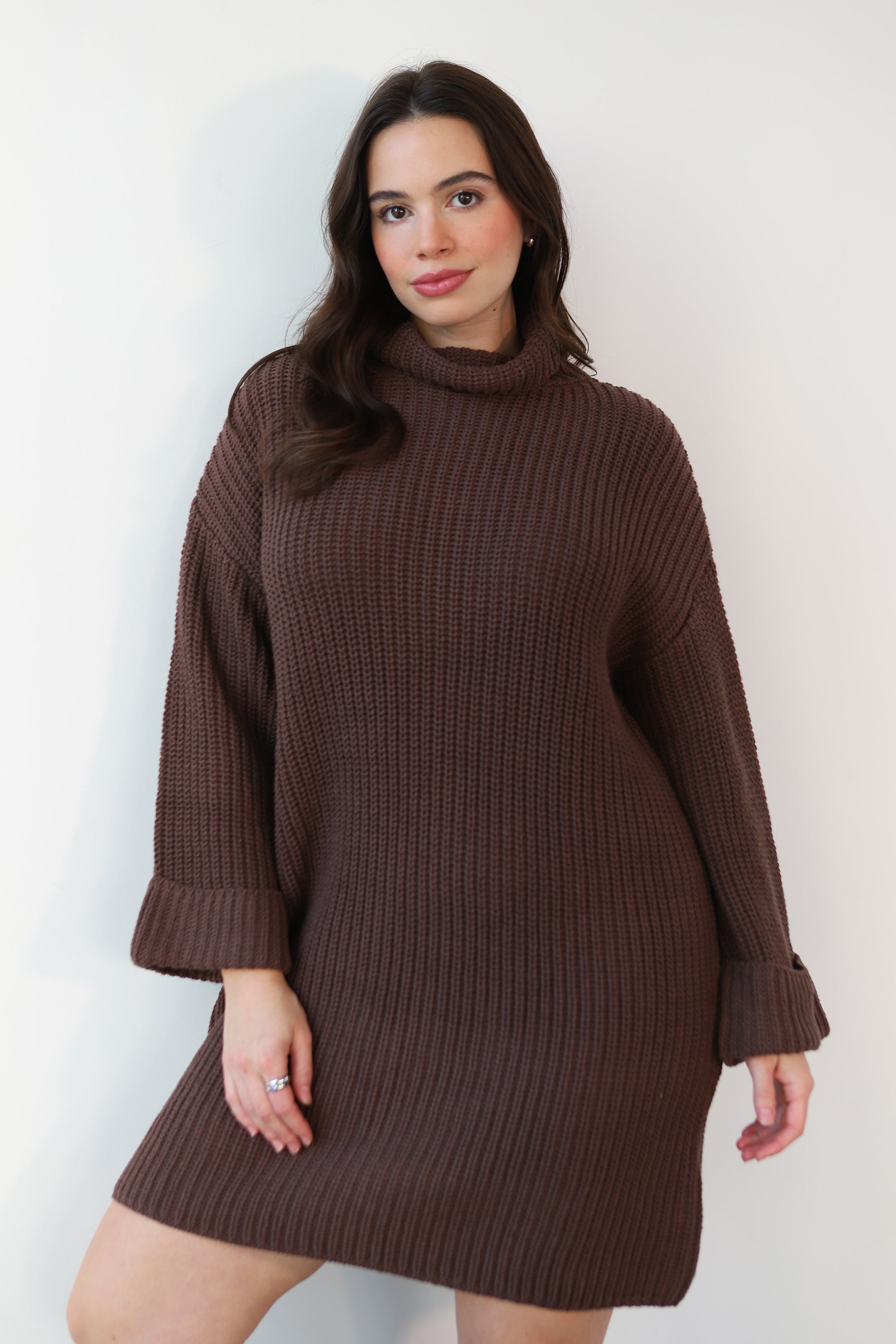 Baggy Turtleneck Mini Dress - Chocolate Callahan Knitwear Baggy Turtleneck Mini Dress - Chocolate Callahan Knitwear