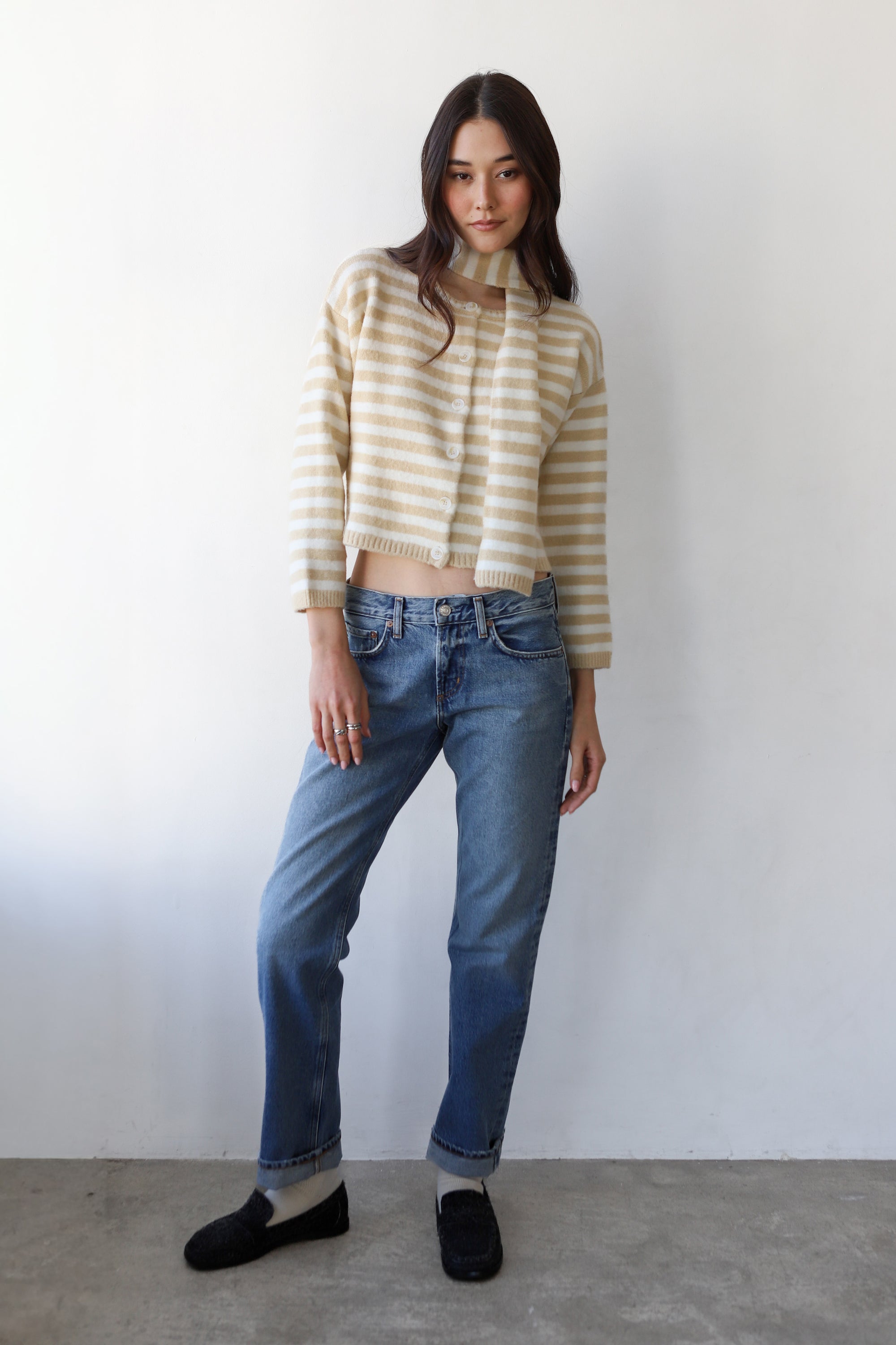 Jane Cardigan &amp; Scarf - White &amp; Creme Stripe