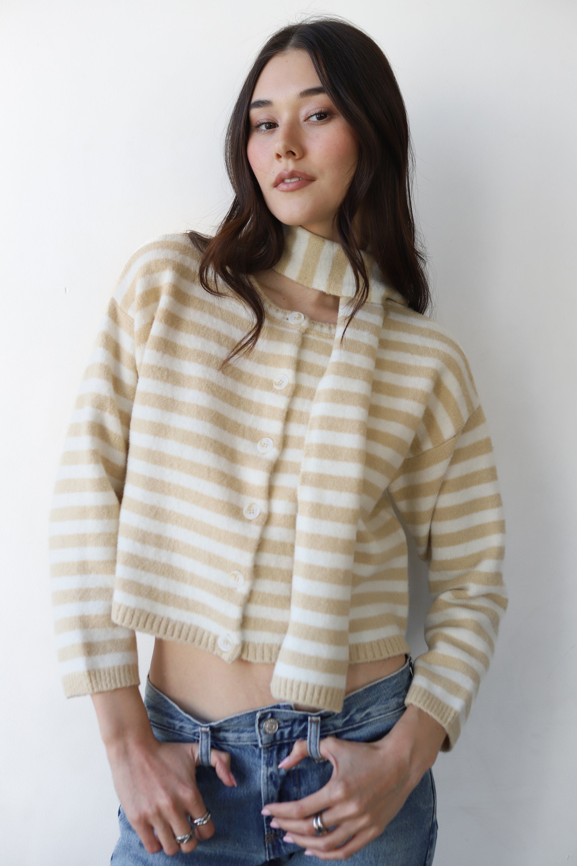 Jane Cardigan &amp; Scarf - White &amp; Creme Stripe