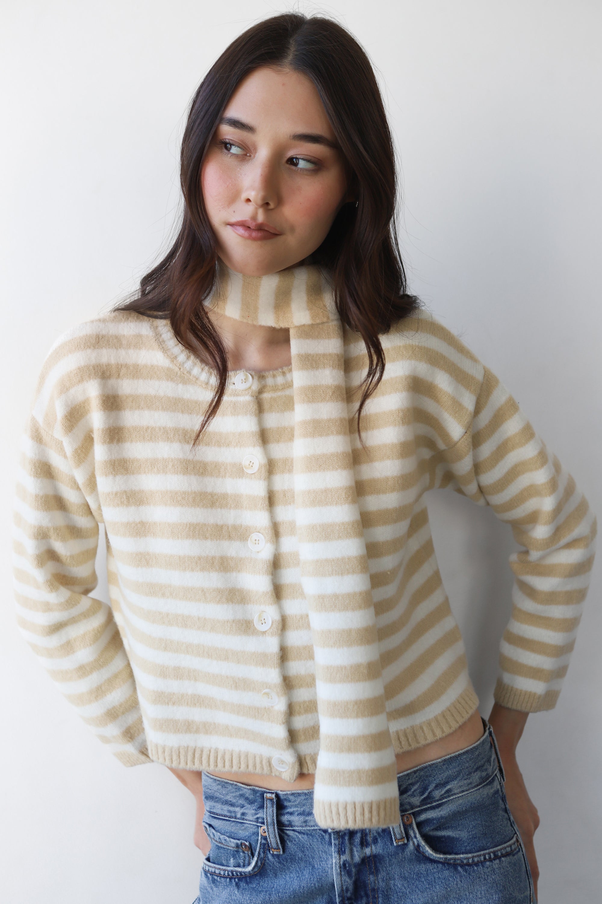 Jane Cardigan &amp; Scarf - White &amp; Creme Stripe
