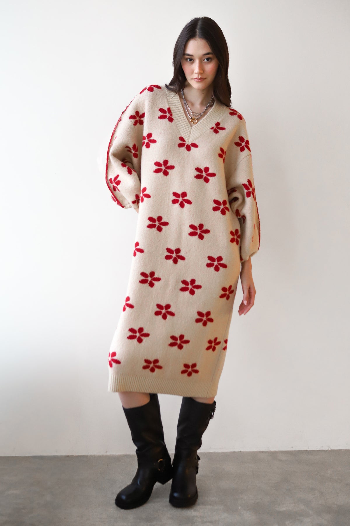 Rhodes V-Neck Midi Dress - Creme