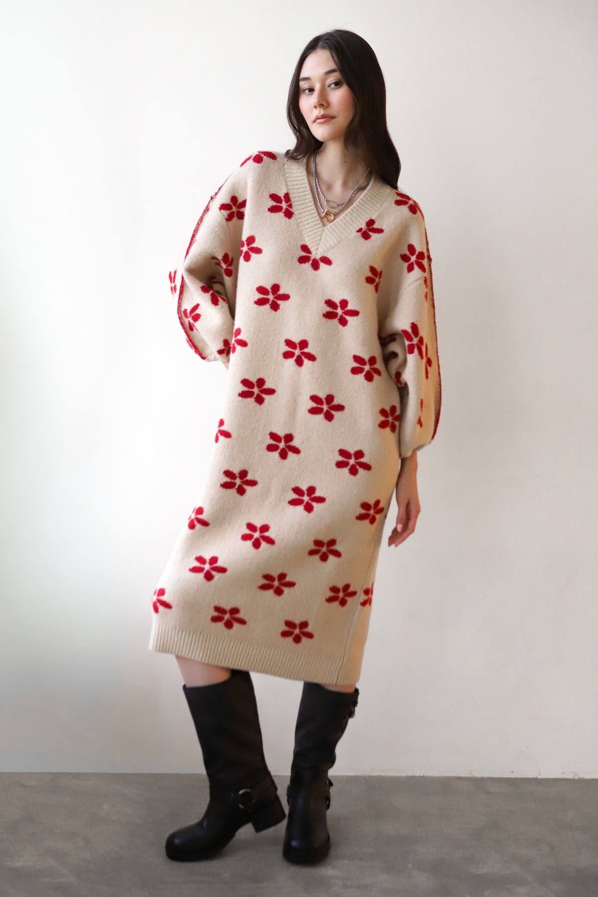 Rhodes V-Neck Midi Dress - Creme