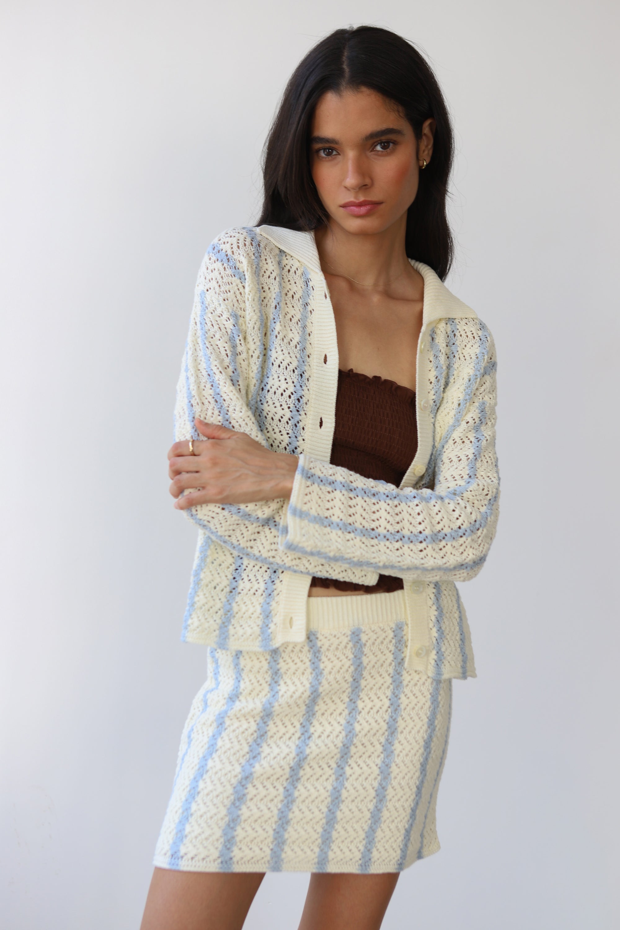 Sienna Crochet Button Down - Moody Blue
