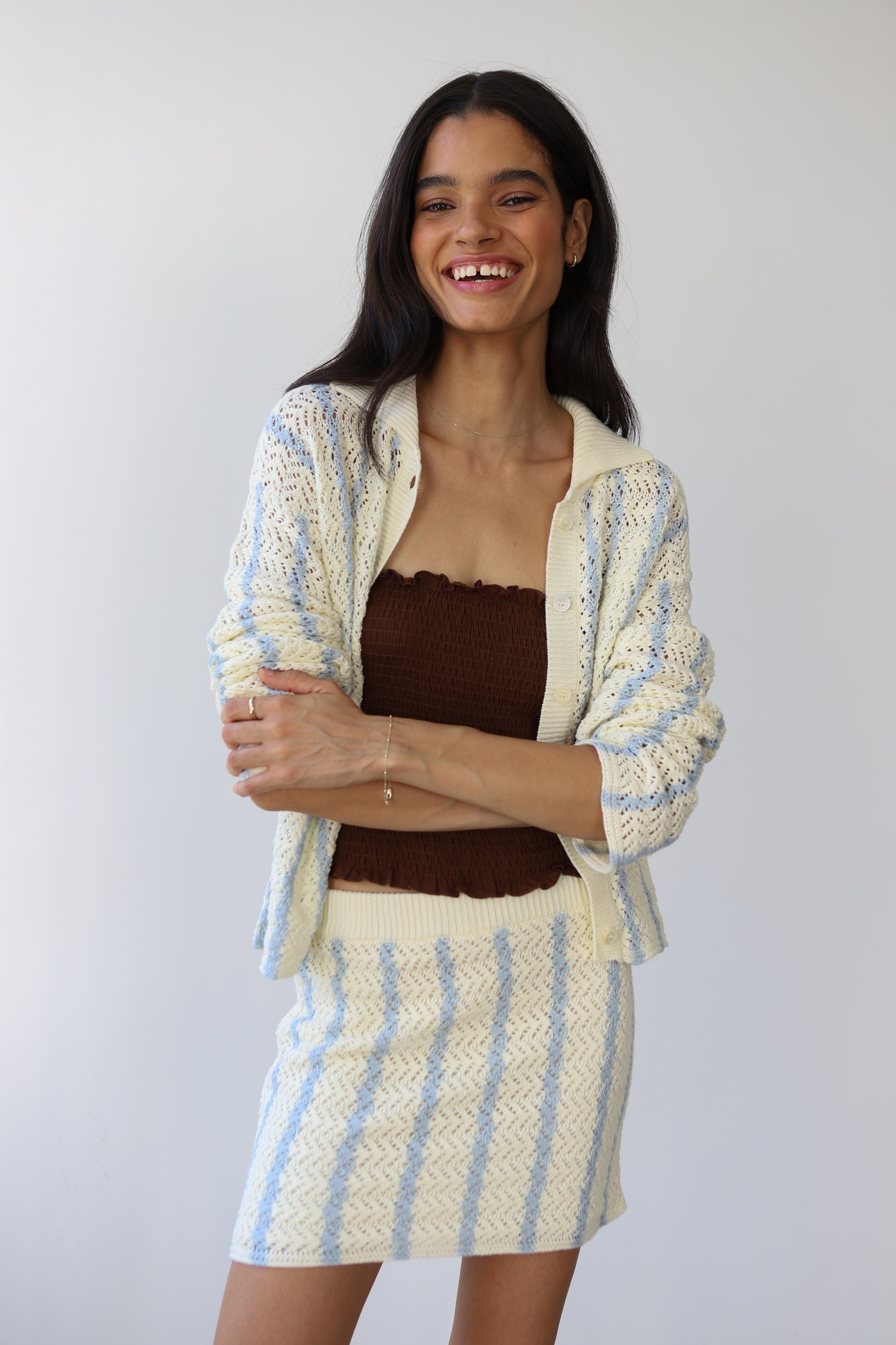 Sienna Crochet Button Down - Moody Blue